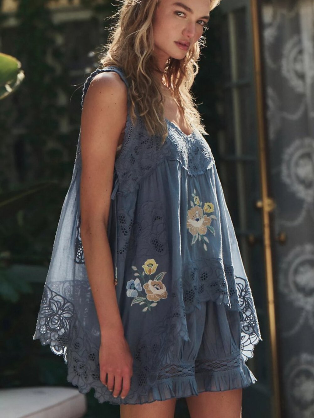 NWT Free People Eye Catcher Bloomsie Romper in Blue Suede Combo